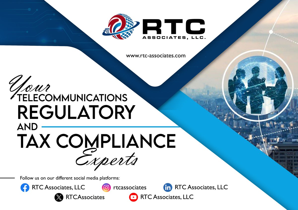 RTCAssociates's tweet image. 𝗥𝗧𝗖 𝗔𝘀𝘀𝗼𝗰𝗶𝗮𝘁𝗲𝘀, 𝗟𝗟𝗖.
Your Telecommunications Regulatory and Tax Compliance Experts

Follow us on

𝐅𝐚𝐜𝐞𝐛𝐨𝐨𝐤: RTC Associates, LLC
𝐗: RTCAssociates
𝐈𝐧𝐭𝐫𝐚𝐠𝐫𝐚𝐦: rtcassociates
𝐘𝐨𝐮𝐭𝐮𝐛𝐞: RTC Associates, LLC
𝐋𝐢𝐧𝐤𝐞𝐝𝐈𝐧: RTC Associates, LLC
