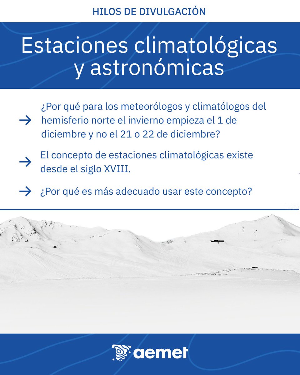 🧵Hoy empieza el invierno para los que nos dedicamos a la meteorología y climatología, ¿pero por qué no el 21 de diciembre? Lo explicamos en este hilo.
Pista: es más adecuado y conveniente para estudiar el clima. Además, llevamos más de 200 años usando este convenio.