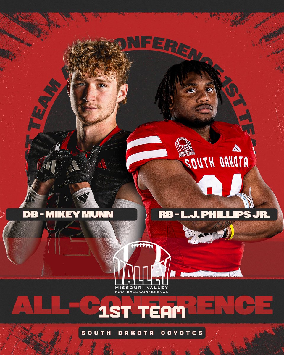 𝐅𝐈𝐑𝐒𝐓 𝐓𝐄𝐀𝐌 𝐀𝐋𝐋-𝐂𝐎𝐍𝐅𝐄𝐑𝐄𝐍𝐂𝐄

 » L.J. Phillips Jr., RB
 » Mikey Munn, DB

#GoYotes x <a href="/ValleyFootball/">Valley Football</a>