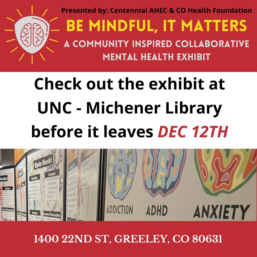 The Be Mindful, It Matters mental health exhibit leaves UNC’s Michener Library on Dec 12th! Stop by to explore community stories and mental health insights before it’s gone.
#BeMindfulItMatters #MentalHealth #UNCBears