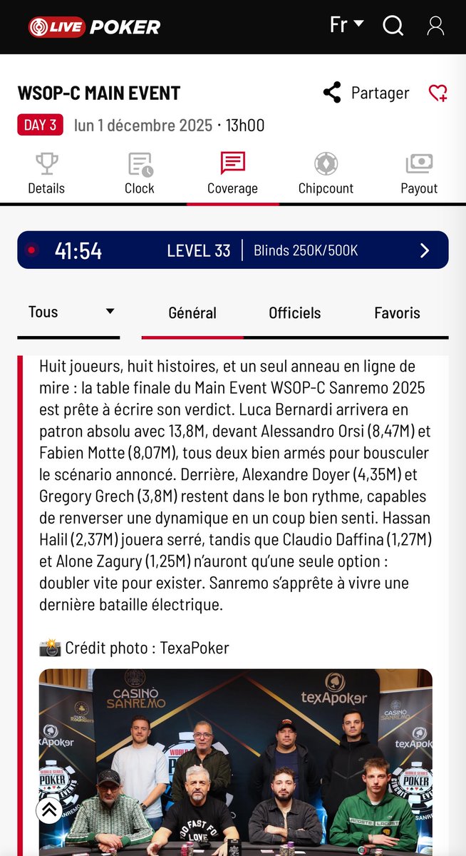 La Table Finale du Main Event des WSOP-C Sanremo 2025 a débuté !

Regarde le tournoi sur Live-Poker live-poker.com/tournoi.10345.…