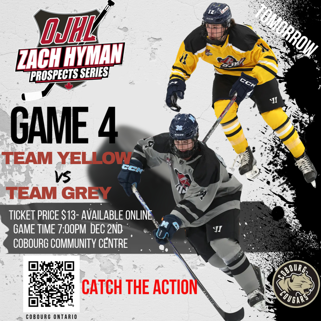 🔥 Game 4 is almost here!
The OJHL 2025 Zach Hyman Prospect Series continues tomorrow night — December 2nd at 7:00pm at the Cobourg Community Centre!
It’s an Eastern Conference showdown as Team Grey battles Team Yellow in Game Four.
🏒 Don’t miss the action!