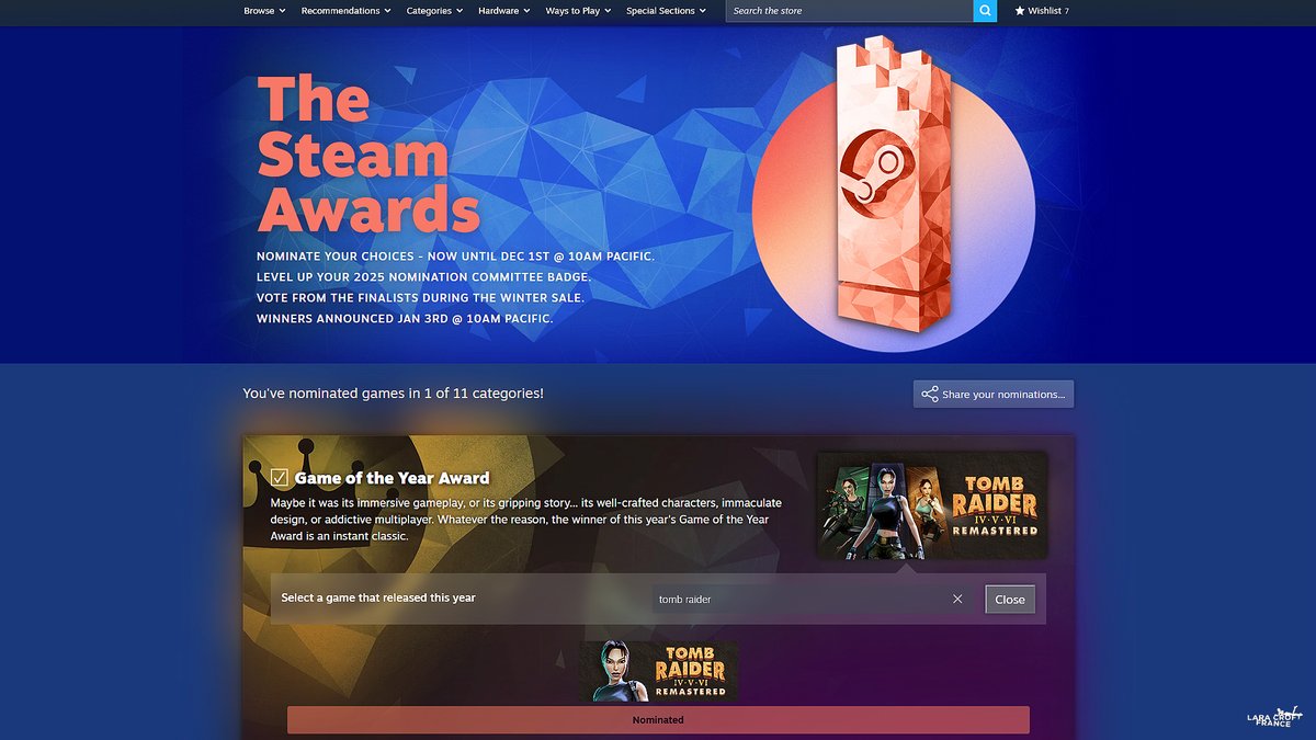 LaraCroftFrance's tweet image. EN | 🏆 | Last chance to vote for the Steam Awards! You can choose your favorite game from 11 categories. Lara Croft France voted for #TombRaider IV-V-VI Remastered in the Game of the Year Award &amp;amp; Best Soundtrack Award categories! ► bit.ly/4iuMqld (Steam)