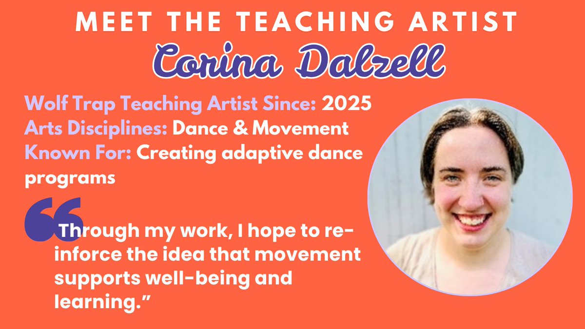 WolfTrap_Edu's tweet photo. Wolf Trap Teaching Artist Corina Dalzell likes to let the students lead the movement. An Appalachian choreographer, Dalzell enjoys finding ways to make dance more accessible to people of all abilities. What does she hope to pass on through her work? Learn below. ⬇️#AdaptiveDance https://t.co/iUzfscupwF
