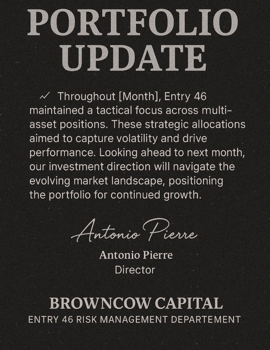 Entry46Fund's tweet image. Q4 Update 

#Entry46 #PortfolioUpdate #RiskStrategist #OmertàProtocol #TradingDiscipline #QuietDominance #BrownCowCapital #MultiAssetExecution #FundManagerInTraining
