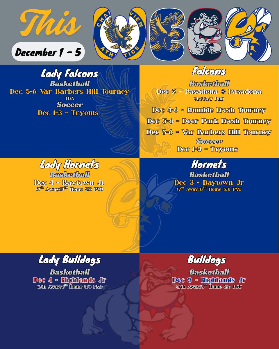 falconsofchs's tweet image. Check out this week’s events for Channelview ISD athletics!  #GoFalcons #GoBulldogs #GoHornets #ChannelviewAthletics