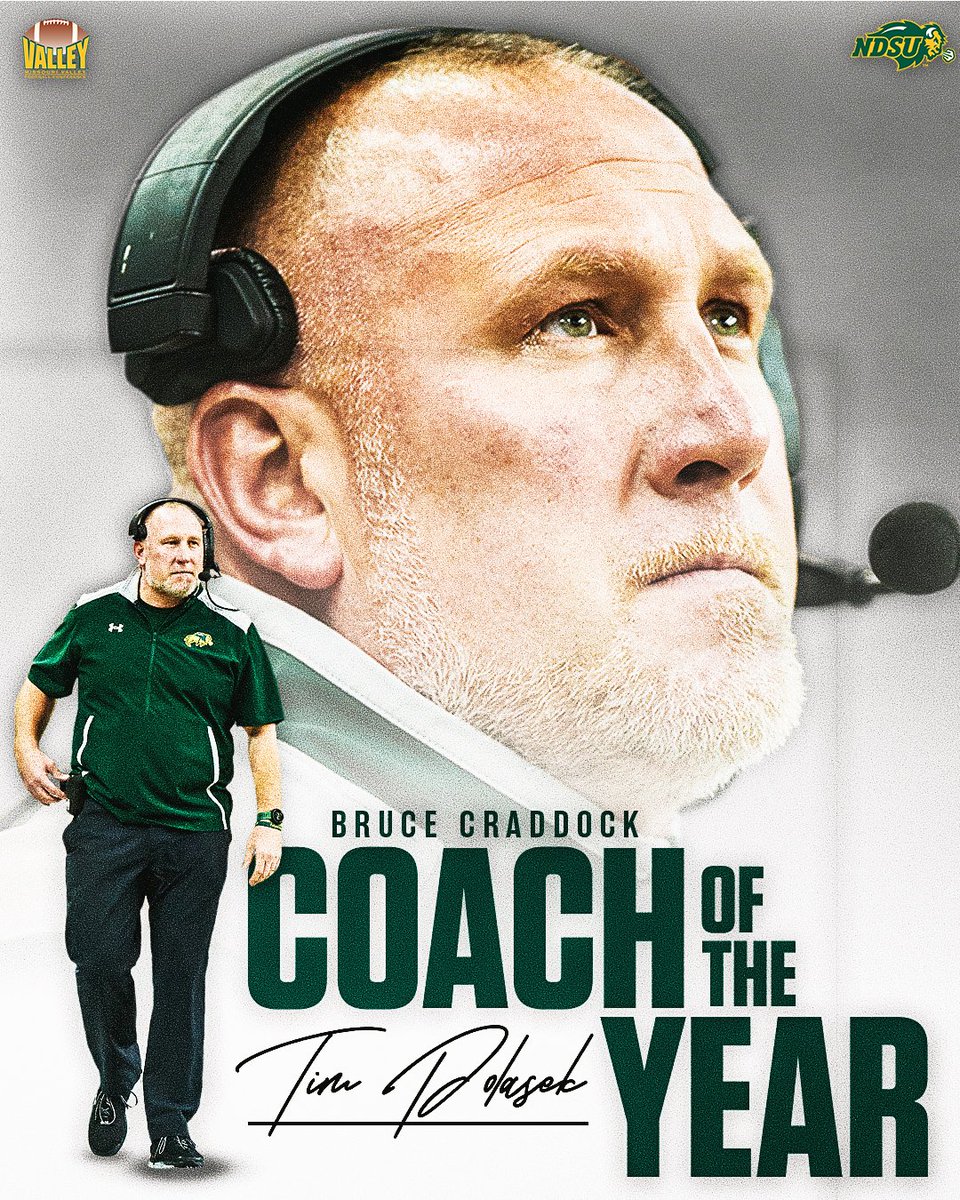 Tim Polasek is the <a href="/ValleyFootball/">Valley Football</a> Bruce Craddock Coach of the Year! <a href="/CoachTimNDSU/">Tim Polasek</a> has a 26-2 record and has won back-to-back league titles in his first two years leading the Bison. 🤘

🗒️ gobison.info/4isGqJw