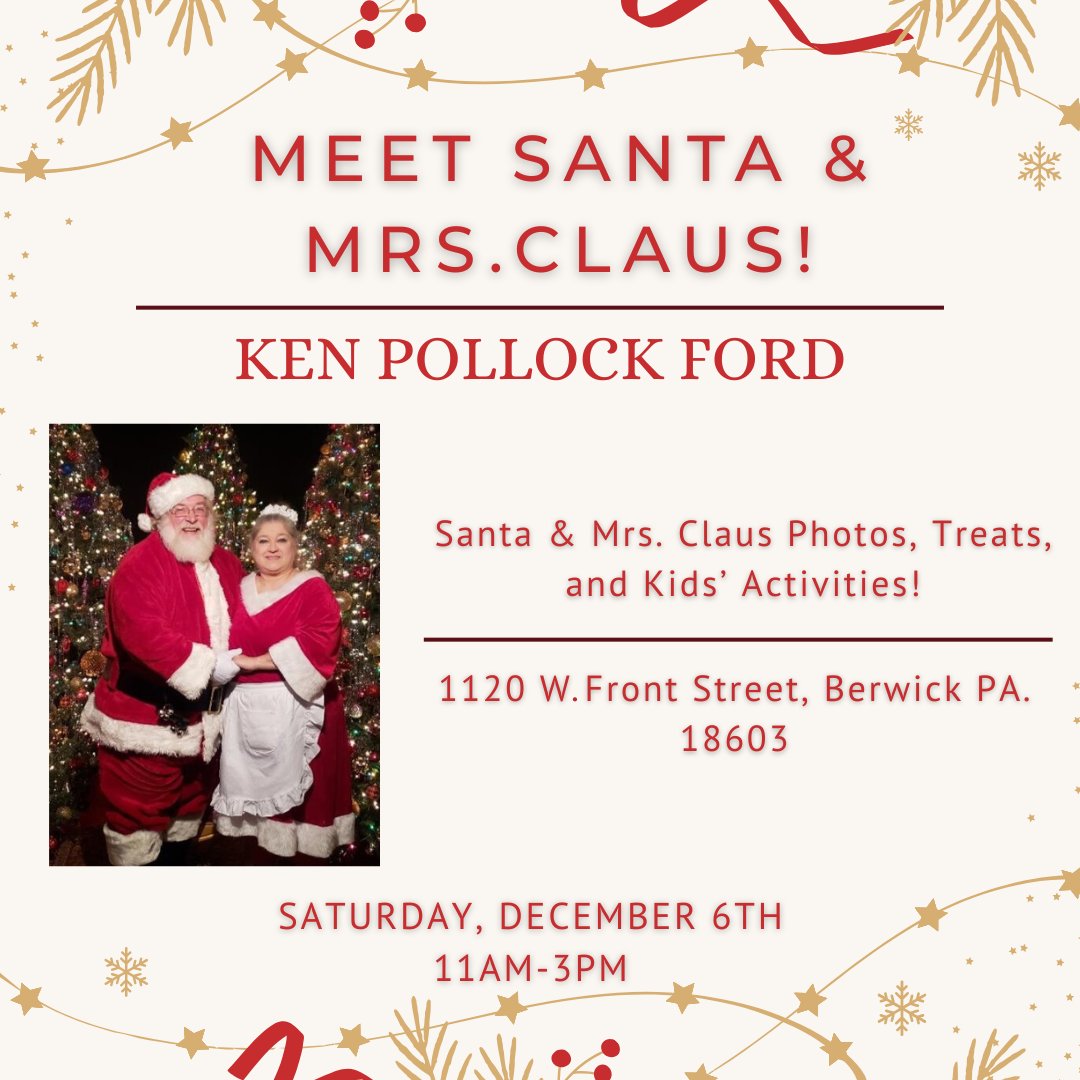 KPollockFord's tweet photo. 🎅✨ THIS SATURDAY! ✨🤶
Santa &amp; Mrs. Claus arrive on December 6!
Photos with our on-site photographer, holiday treats, and fun activities for the kids.
Don’t miss this magical day with us! 🎄❤️
#happyholidays #santa #picswithsanta #eventsnearme https://t.co/mTYo3YtwU1