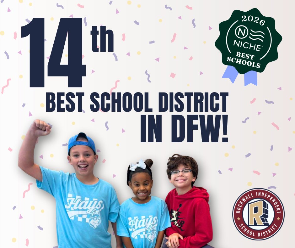 We’re proud to share that Rockwall ISD has been ranked the 14th best school district in the DFW area, according to Niche.com’s 2026 rankings!

Each year, Niche evaluates over 10,000 K–12 districts across the nation, analyzing academic performance, college readiness,