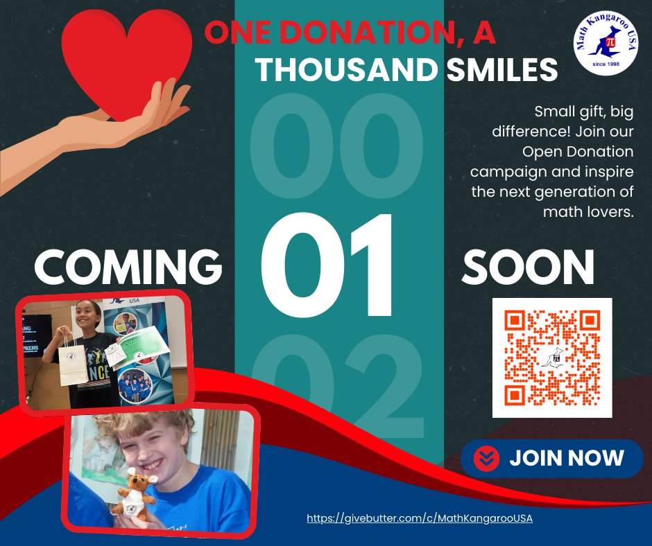 UsaKangaroo's tweet image. ⏳ 1 Day to Go! Giving Tuesday is almost here! Get ready to support students K–12 in discovering the joy of math. givebutter.com/c/MathKangaroo…

#MathKangaroo #STEMforKids #MathEducation #GivingTuesday2025 #GivingTuesday #SupportEducation #MathForKids #InspireStudents #MathLovers