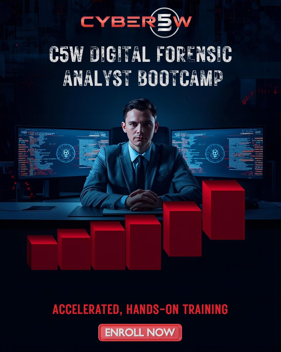 cyber5w's tweet image. Ready to transform your career? 🚀 

The C5W Digital Forensic Analysts Bootcamp is your fast track to becoming an expert investigator. Train hard, analyze smart, and secure your future. 

Enroll Today! ➡️ academy.cyber5w.com/courses/c5w-di…

#DigitalForensics #ForensicAnalyst #DFIR…