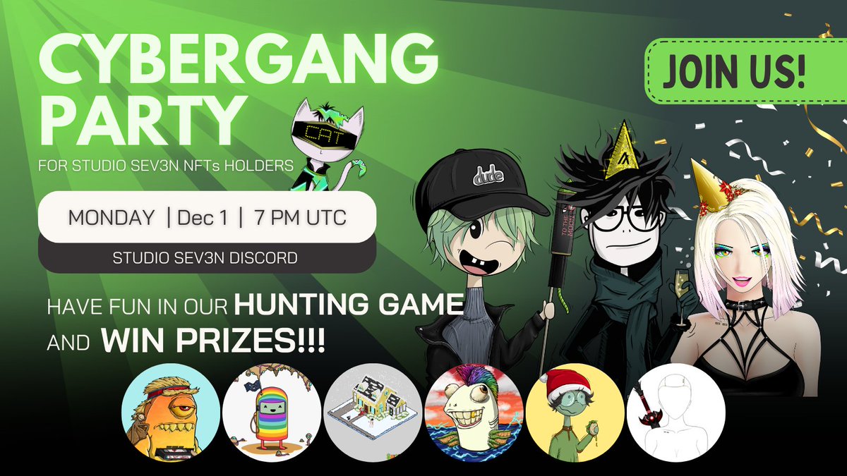 StudioSEV3N's tweet image. Hello everyone! It&apos;s a Cybergang Party Day at Studio 7 today 🥳

Don&apos;t forget to join us in our discord in about 3h! 
Your ticket? - At least 1 of our NFTs in your wallet.

Today in our prize pool we&apos;ve got NFTs by @ShittyKitties_ @CrazyGooseFlock @famversedotxyz @CrazyEmbryoClub…