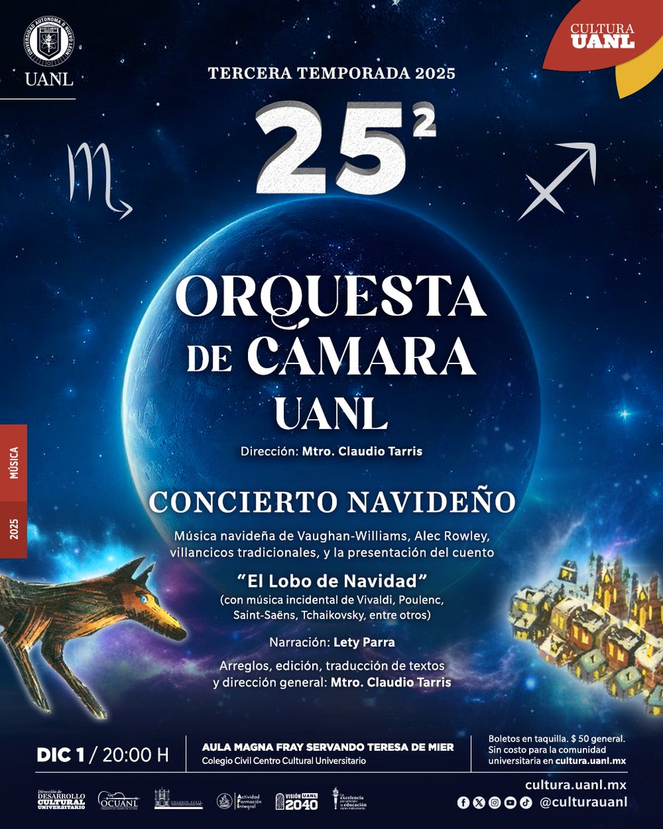 #Recordatorio Diciembre inicia con el concierto navideños de la Orquesta de Cámara UANL , el cual incluirá música de Vaughan-Williams, Alec Rowley, villancicos tradicionales, y la presentación del cuento “El Lobo de Navidad” con la narración de Lety Parra.
