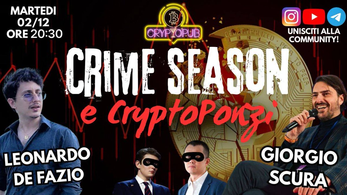 Crime season 🫆🕵🏻‍♂️

Come agisce la criminalità on chain? 
Chi combatte contro questi attori malevoli?

Ne parliamo questo Martedì con due esperti, <a href="/giorgioscura/">Giorgio Scura</a> founder di <a href="/Decripto_org/">Decripto.org</a> ed il nostro caro <a href="/DexCobra/">cobradex</a> 👀

A domani pubbers, ore 20:30! 🔥