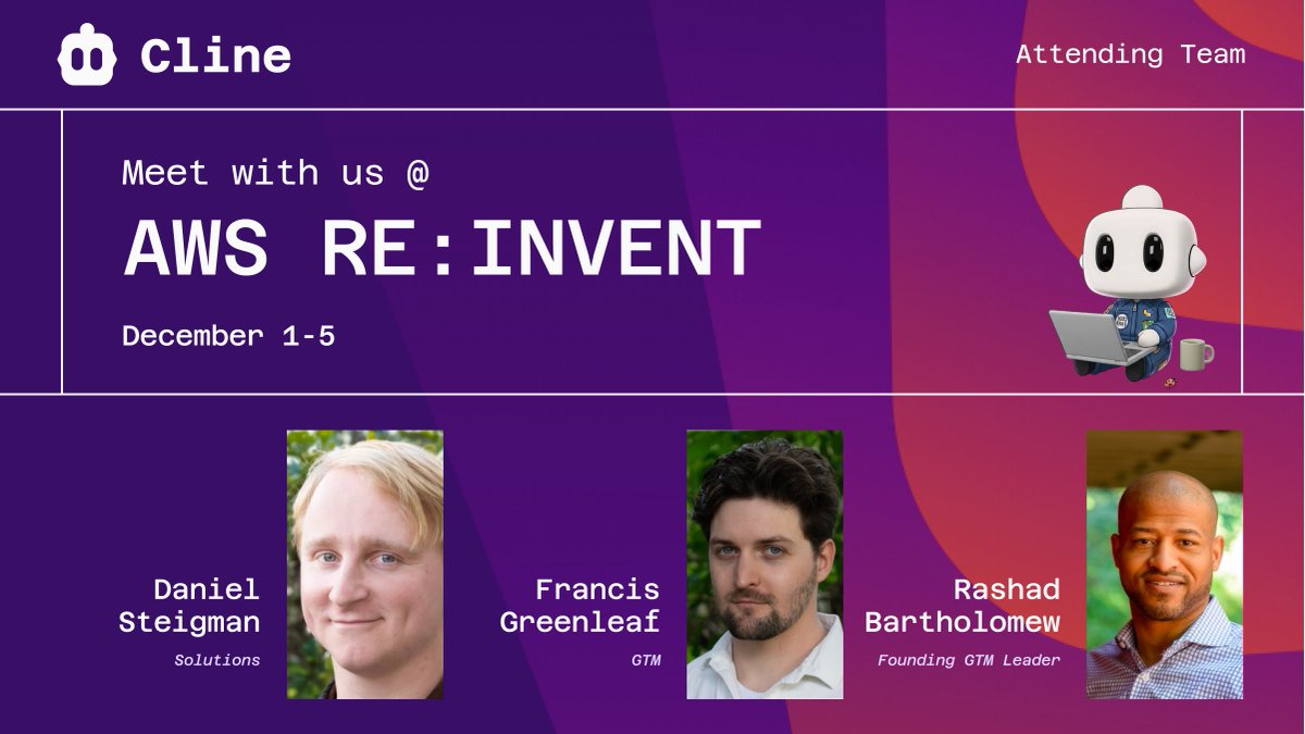 cline's tweet photo. Cline + @jetbrains . Your favorite AI agent, native in your favorite IDE. Daniel ( @NighttrekETH) , Francis ( @inferencetoken), and Rashad from the Cline team are at re:Invent all week. DM us to chat and meet us on Dec 4th at JetBrains booth with exclusive swag. https://t.co/x4B7Q6MQF2