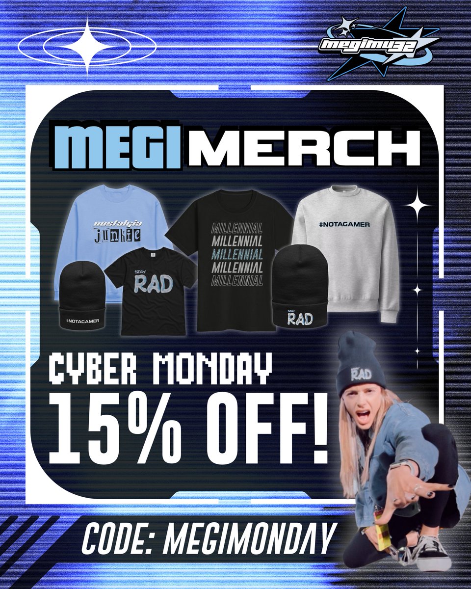 megimu32's tweet photo. ๐จ CYBER MONDAY SALE is LIVE! ๐จ
Everything at https://t.co/kvPSftfWRQ is 15% OFF all day with code MEGIMONDAY ๐ค๐ฉต
Grab your Stay Rad, #NOTAGAMER, Millennial, Nostalgia Junkie, and all the cozy fits to rep your MEGIBYTE self!
Sale ends tonight! Go snag your favorites TODAY!
โก๏ธ https://t.co/kvPSftfWRQ