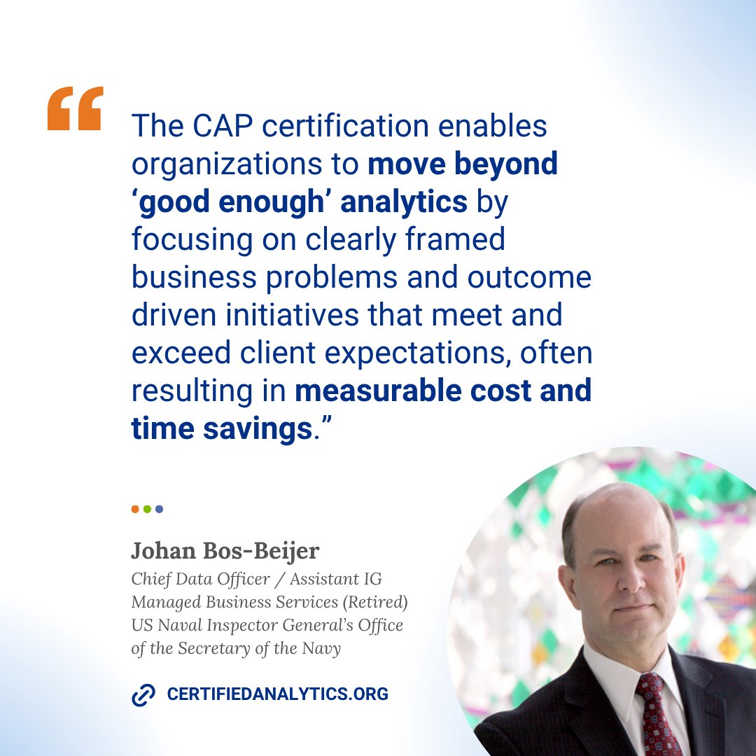 Why should executives prioritize their teams becoming CAP certified?

Johan Bos-Beijer, former Chief Data Officer at the @usnavy Inspector General’s Office, weighs in.

Learn more about CAP certification, backed by <a href="/INFORMS/">INFORMS</a>: hubs.ly/Q03TF3d-0
