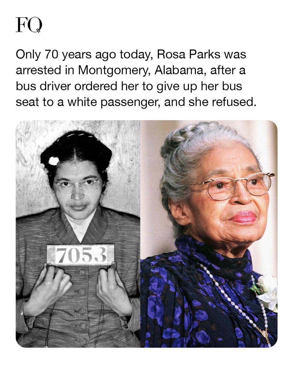 femalequotient's tweet image. On December 1st, 1955, #RosaParks made history by refusing to give up her seat on a bus to a white man. Her courageous act sparked the Montgomery bus boycott, a pivotal moment in the #civilrights movement. “You must never be fearful about what you are doing when it is right.&quot; 👏