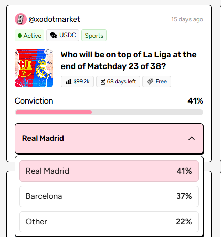 pdiver60's tweet photo. Football lovers
I checked the La Liga market on @xomarket 
They’re asking:who will be in first place after matchday 23?
If you know your Spanish football you can jump in and place your prediction.
https://t.co/Ll0RyZLAN1 https://t.co/pSg9gXLXpk