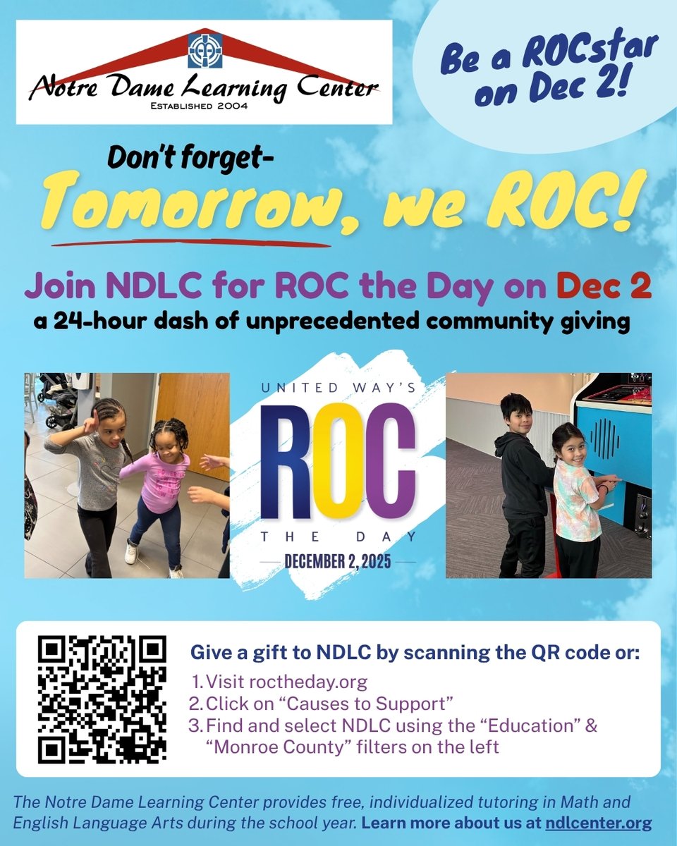 NDLCenter's tweet image. Get ready to ROC the Day with us tomorrow, Dec 2!
Every donation helps provide free, individualized tutoring for local students.

Scan the QR code or visit roctheday.org to give a gift!

#ROCtheDay #GivingTuesday #CommunitySupport #RochesterNY