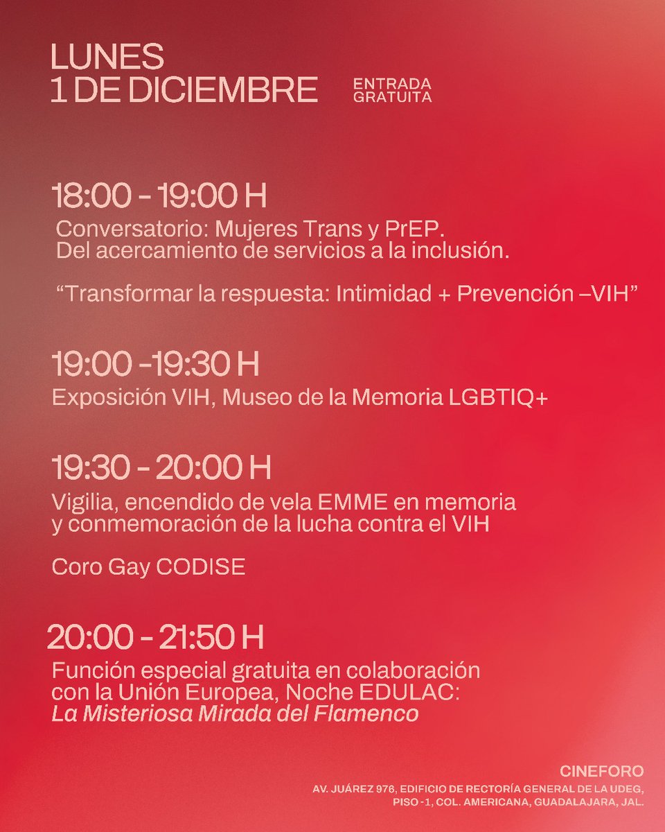 Compartamos un espacio de cuidado y comunidad este lunes 1 de diciembre por la conmemoración del Día Mundial de la Lucha contra el VIH/SIDA en el #Cineforo. 

¡Les esperamos!