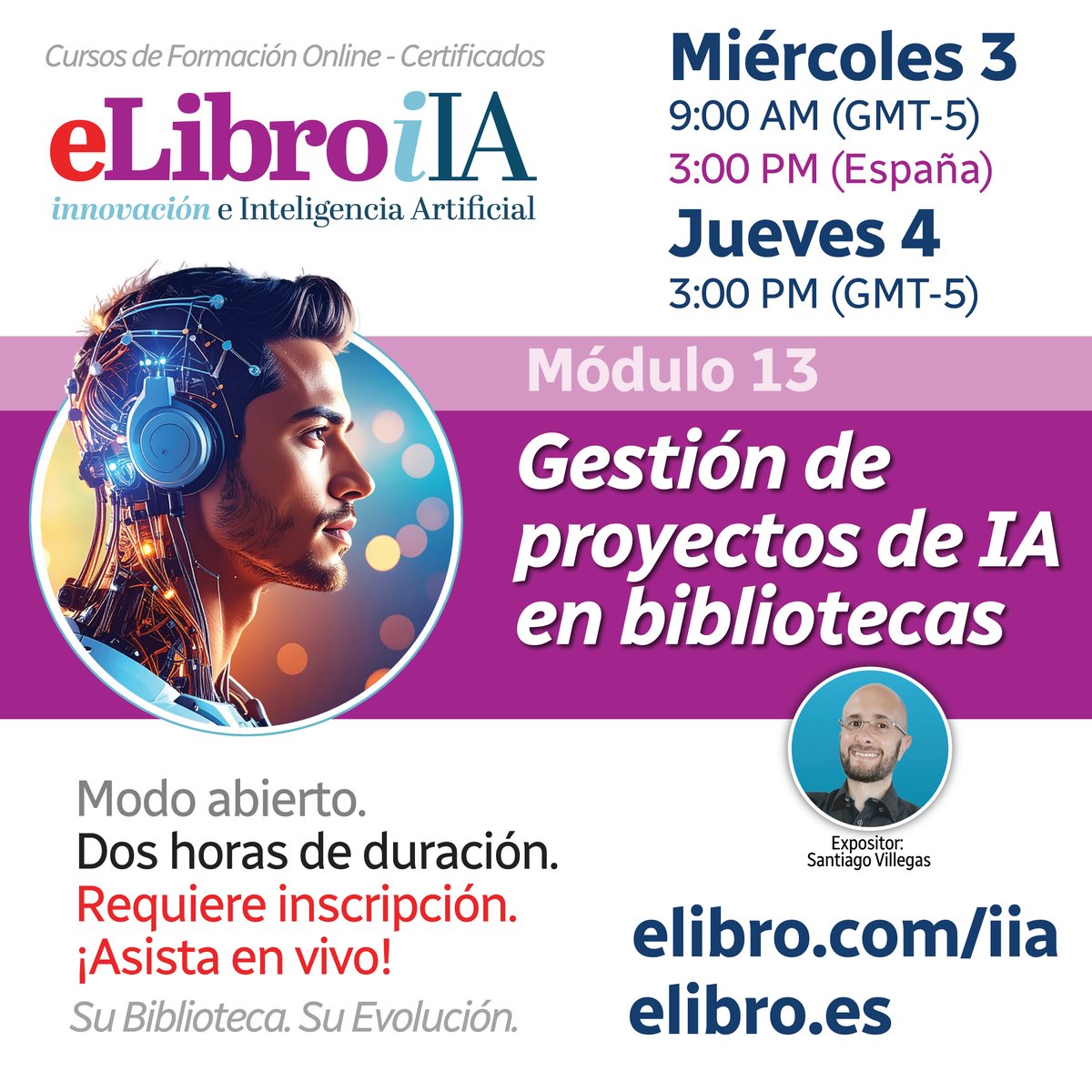 Módulo 13 - Gestión de proyectos de IA en bibliotecas. Aplique metodologías ágiles y gestión de riesgos para entregar iniciativas de IA a tiempo y con valor demostrado. Inscríbase: elibro.com/iia
Si prefiere el horario de España, apúntese en: elibro.es