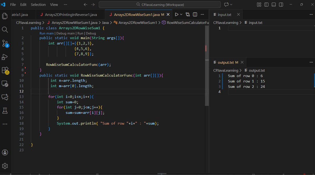 Ankitdotdev's tweet image. Given a 2D array Calculate the Sum the Row Wise sum of the given matrix

Note : All my code links are in bio git repository.
  #JavaLearning #coding #programming #programmingbasics  #problemsolving