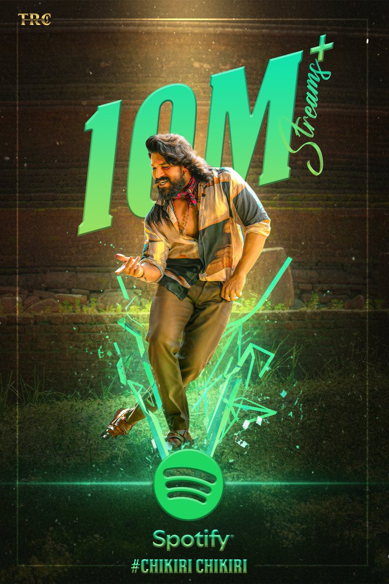 TweetRamCharan's tweet image. Massive 10 MILLION+ Streams on @Spotify for #ChikiriChikiri 🎵❤️🔥

Sensational Chartbuster of @AlwaysRamCharan &amp;amp; @arrahman is ruling the music charts like never before 📈❤️‍🔥

#PEDDI #RamCharan