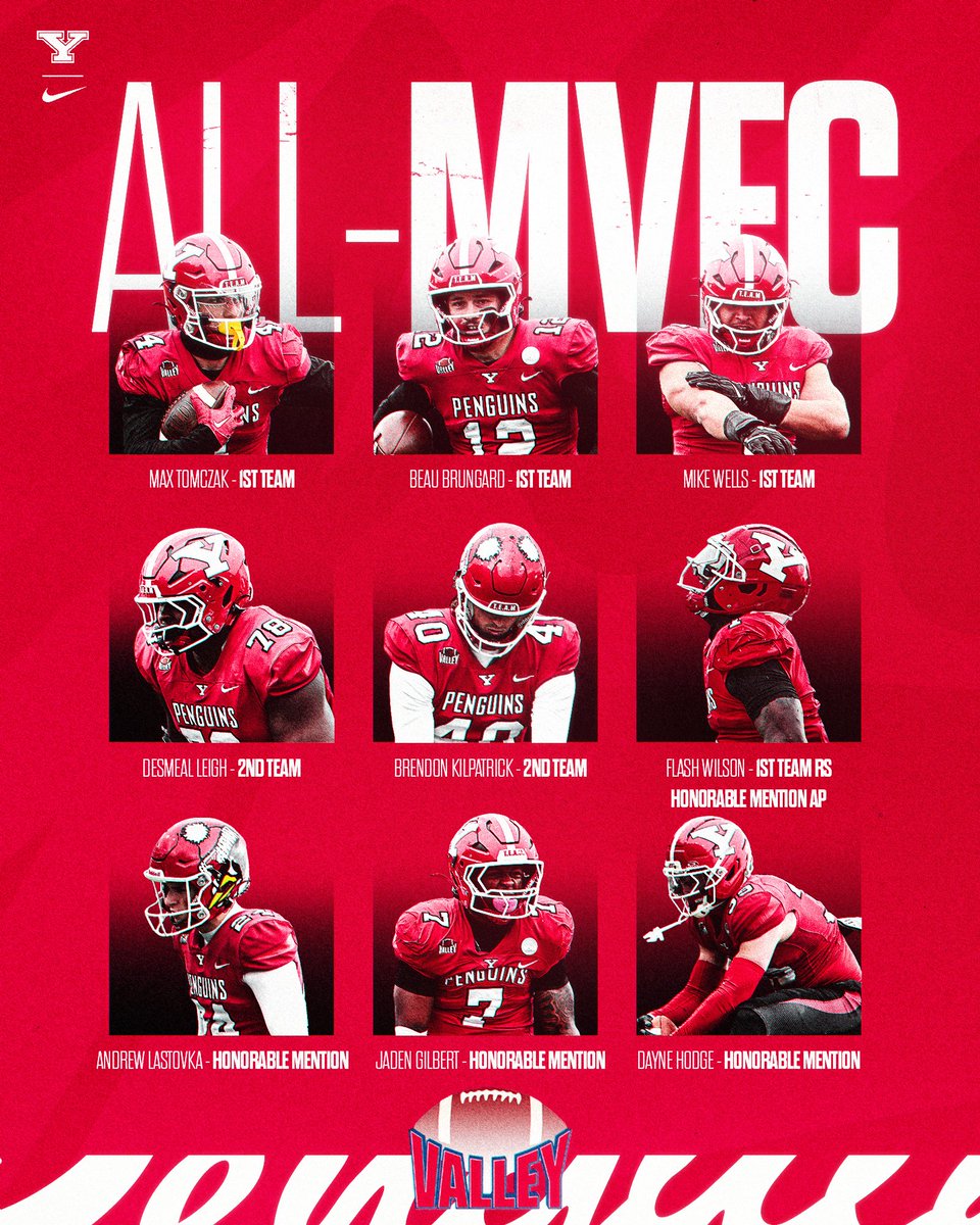 Proud to have 9️⃣ players earn a total of 🔟 All-MVFC honors! 🐧🏈

𝟏𝐬𝐭 𝐓𝐞𝐚𝐦
🔴 Beau Brungard
⚪ Max Tomczak
🔴 Mike Wells
⚪ Ky Wilson

𝟐𝐧𝐝 𝐓𝐞𝐚𝐦
🔴 Desmeal Leigh
⚪ Brendon Kilpatrick

𝐇𝐨𝐧𝐨𝐫𝐚𝐛𝐥𝐞 𝐌𝐞𝐧𝐭𝐢𝐨𝐧
🔴 Jaden Gilbert
⚪ Andrew Lastovka
🔴 Dayne