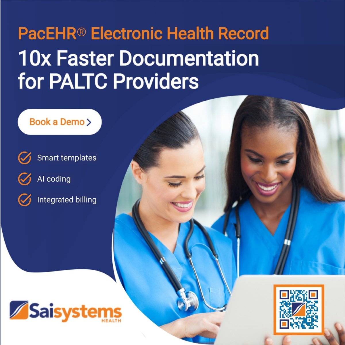 SaisysHealth's tweet image. Document 10x faster with #PacEHR®  electronic health record—built for #PALTC providers. Smart templates, AI-powered coding, and integrated billing deliver accurate documentation and clean claims—supporting a smoother visit-to-deposit process. Scan to Scan to Book a Demo Today.