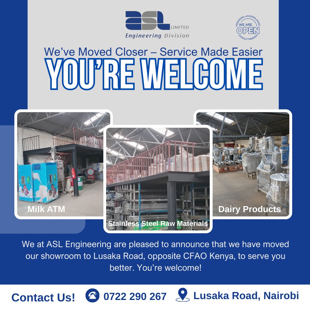 EngineeringAsl's tweet photo. We at ASL Engineering are pleased to announce that we have moved our showroom to Lusaka Road, opposite CFAO Kenya, to serve you better. You’re welcome to visit us.

#ASLEngineering #LusakaRoad #EngineeringForLife https://t.co/YPzEoaN625