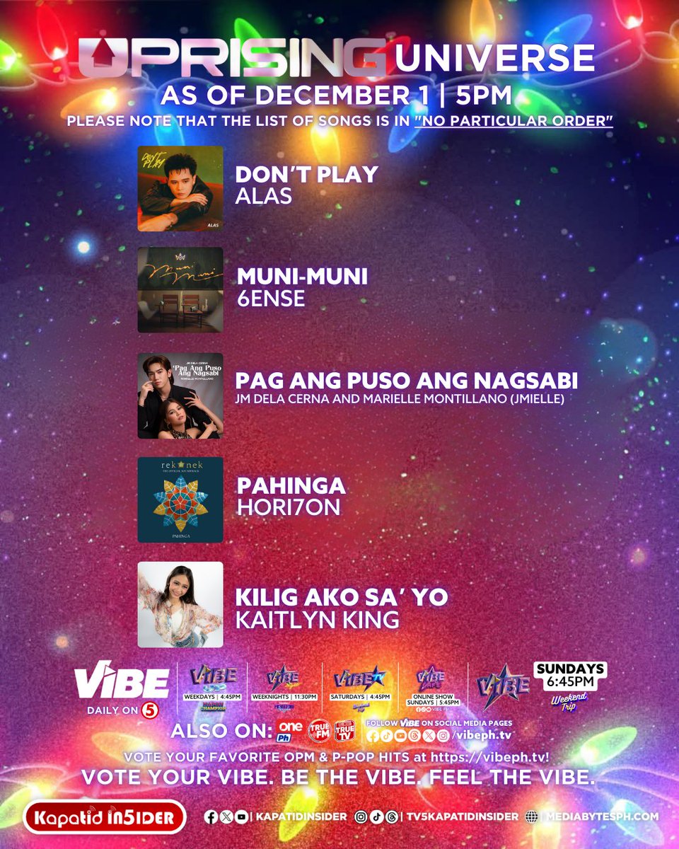 KapatidInsider's tweet image. Let&apos;s welcome the CHRISTMAS MONTH sa ating 5PM UPDATE ng UPRISING UNIVERSE in a NO PARTICULAR ORDER! 🙌

Gawing MAS MERRY ang #PaskongKapatid dito sa @vibephtv! Catch it sa TV5, One PH at @TrueNetworkPH!

Vote your VIBE.
Be the VIBE.
Feel the VIBE.

#VibePH #VibeTV5