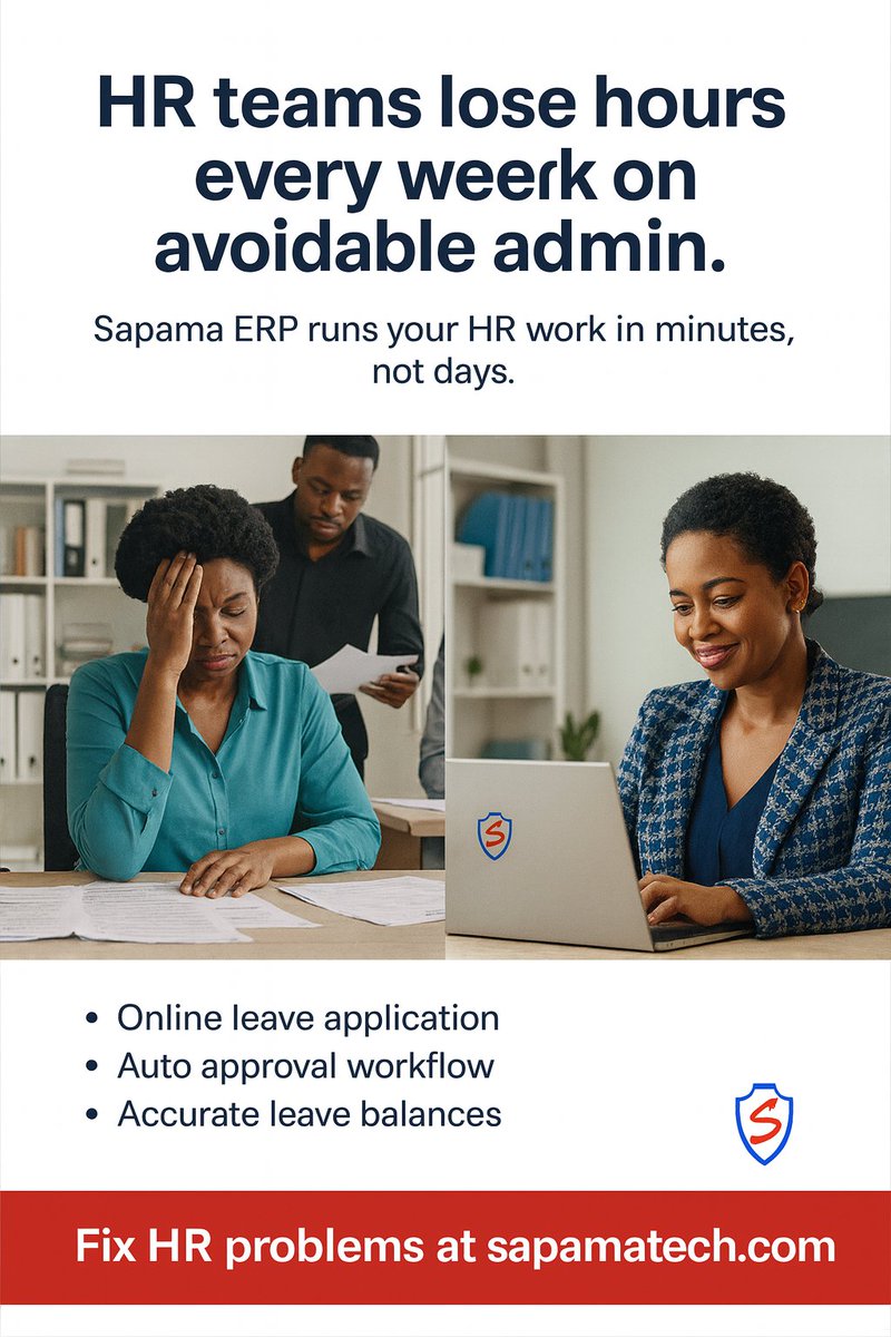 sapamatech's tweet photo. Leave mistakes create HR tension.
You avoid disputes when balances, accruals, and approvals run themselves.
Fix HR problems at https://t.co/NMdcdNXOsF
#HRManagers #HRWorkflows #LeaveManagement #WorkplaceEfficiency #HRAutomation https://t.co/gH2FH4Ut1r