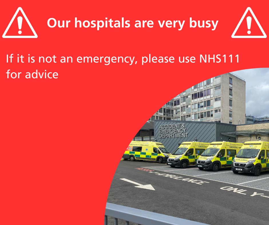 ⚠️Please share: Our hospitals are extremely busy and this is impacting both of our A&amp;E departments. If you come to A&amp;E and it is not a serious or life-threatening condition, you will experience very long waits. Please consider other options before attending A&amp;E. See thread 🧵👇