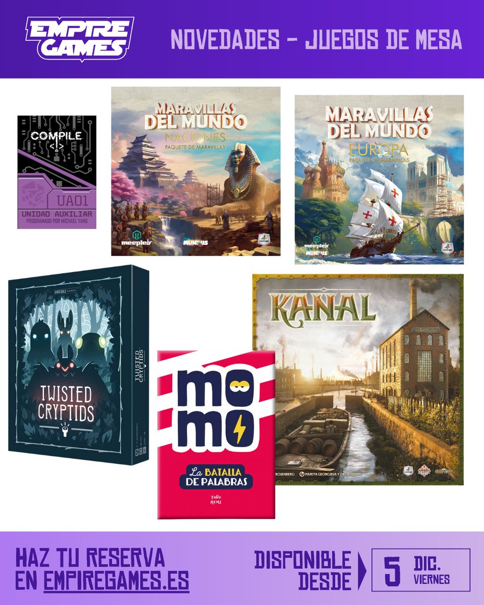 empiregames_sev's tweet image. 📣 [NOVEDADES JUEGOS DE MESA Y ROL]

🗓️ A la venta el 05/12:

🏯 Maravillas del mundo: expansiones Naciones y Europa
🎴 Compile
🌲 Twisted Cryptids
🔠 Momo: La batalla de las palabras
🛶 Kanal

🛒 Disponibles en 👉 bit.ly/3vQwH7t

#JuegoDeMesa #JuegoDeRol
