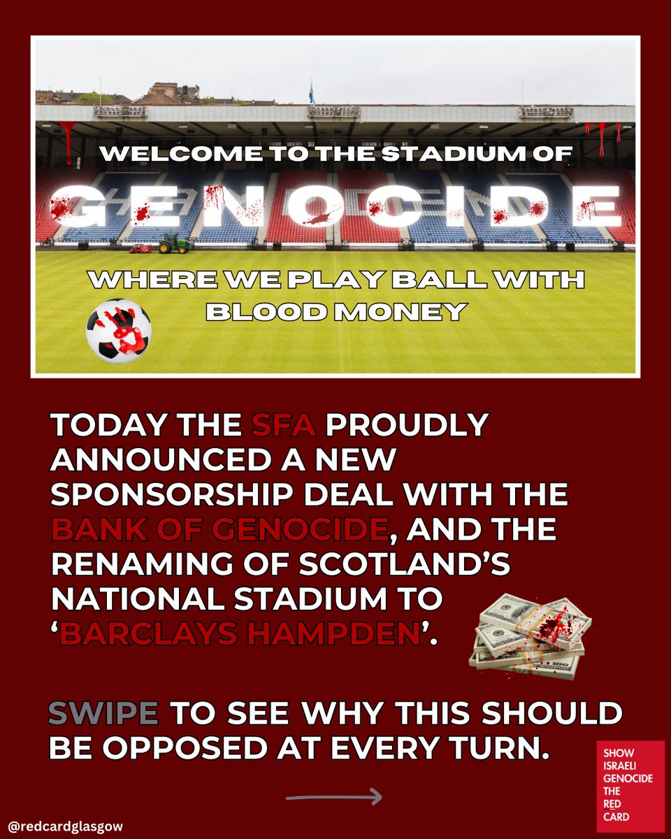 RedCardGlasgow's tweet image. Today the @scottishfa proudly announced they were &apos;partnered&apos; with the Bank of Genocide who pump billions into weapons that murder Palestinians. 

Shame on the SFA and shame on @barclaysuk