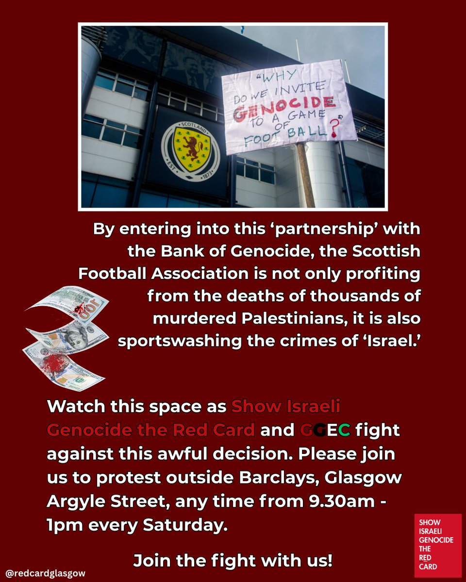 RedCardGlasgow's tweet image. Today the @scottishfa proudly announced they were &apos;partnered&apos; with the Bank of Genocide who pump billions into weapons that murder Palestinians. 

Shame on the SFA and shame on @barclaysuk