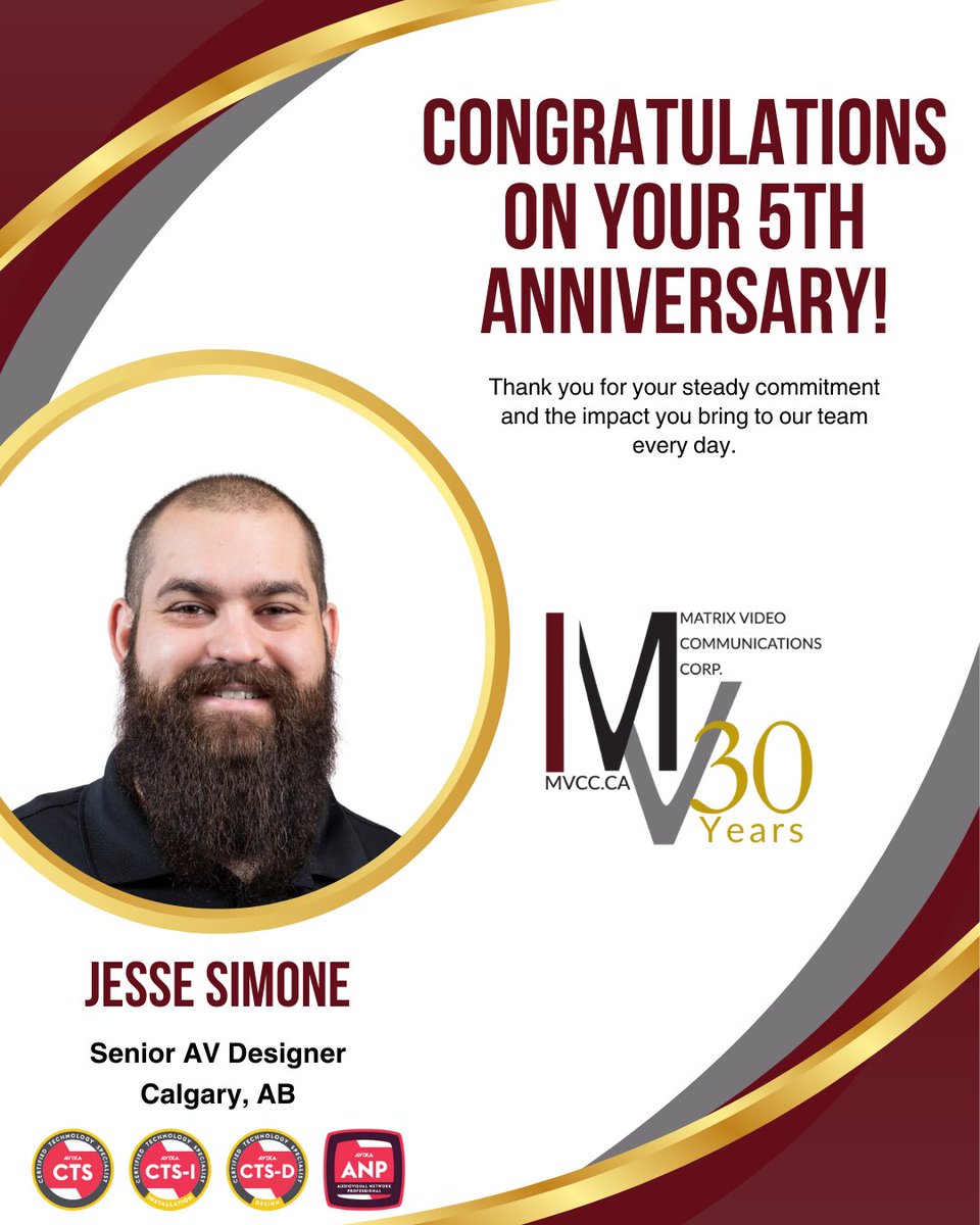 Matrix Video Communications Corp. would like to recognize a significant #milestone for one of our team members! Jesse Simone, our Senior AV Designer in #Calgary is celebrating 5 years with Matrix! 

#AV #broadcast #avtweeps #proAV #audiovisual #technology
