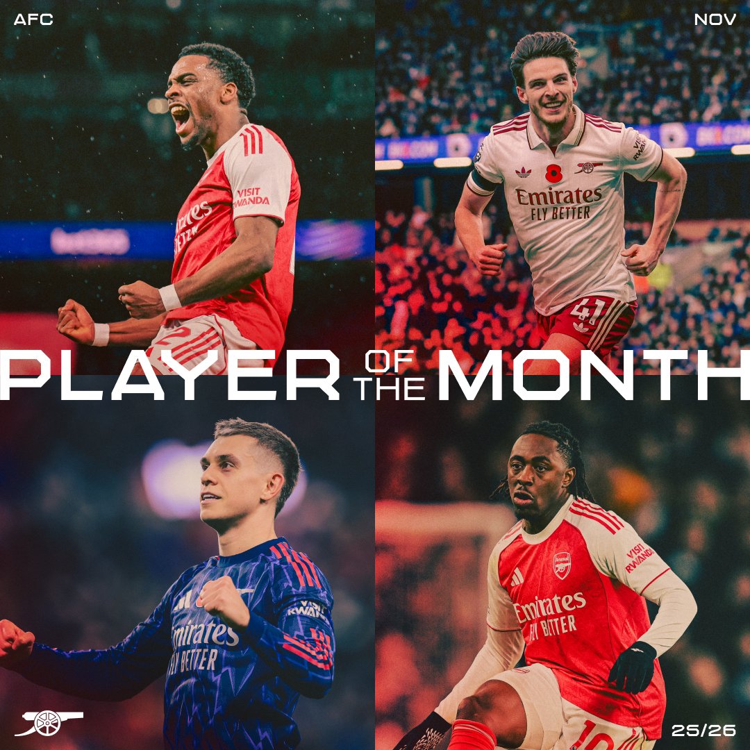 Arsenal's tweet photo. A month of colossal performances 👏

🇳🇱 Jurrien Timber
🏴󠁧󠁢󠁥󠁮󠁧󠁿 Declan Rice
🇧🇪 Leandro Trossard
🏴󠁧󠁢󠁥󠁮󠁧󠁿 Eberechi Eze

Time to vote for your November Player of the Month, Gooners 👇