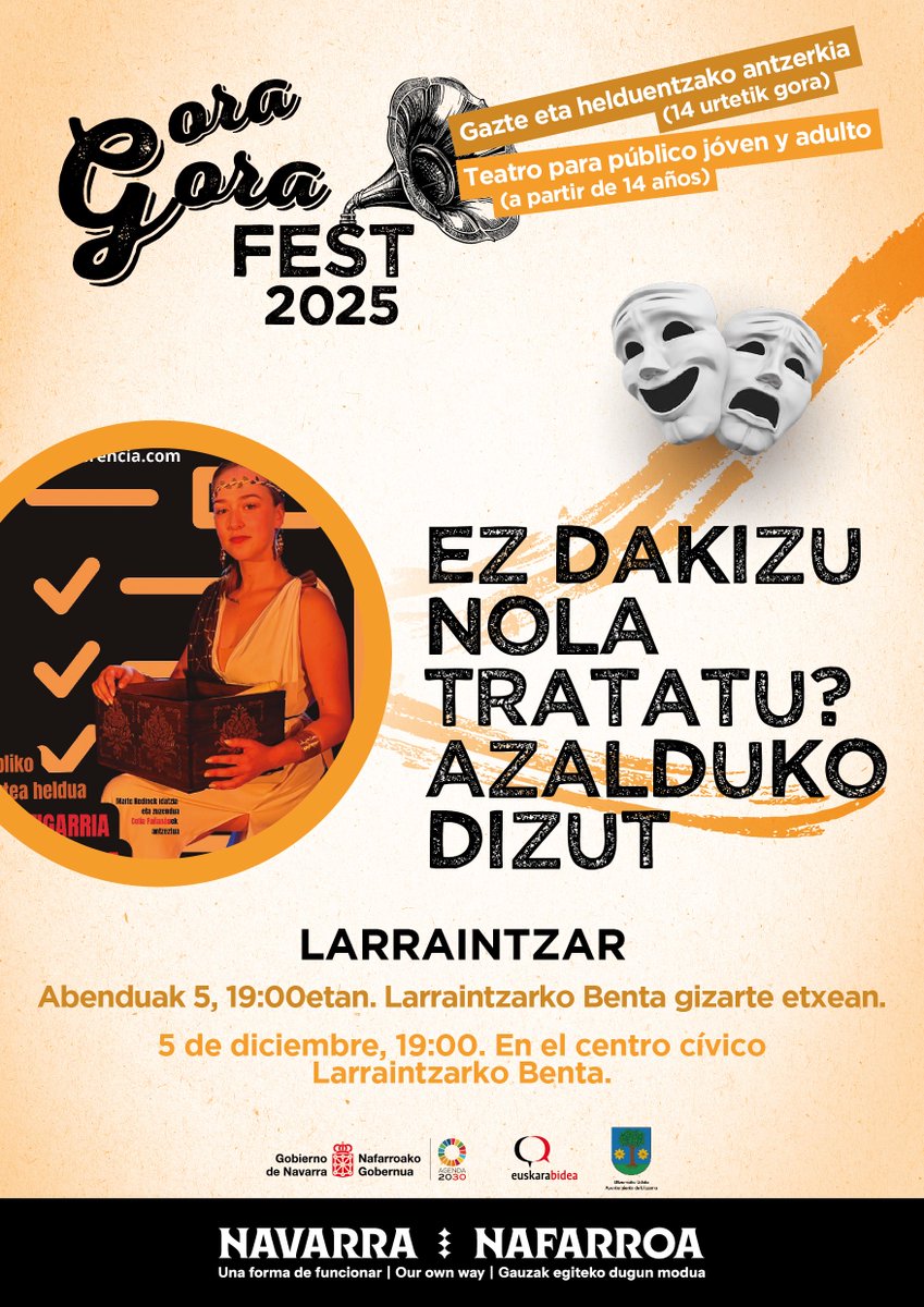 ultzamako's tweet image. Abenduak 5 
Antzerkia
EZ DAKIZU NOLA TRATATU? AZALDUKO DIZUT
Larraintzar
19:00

Gizon batzuek diote "ez dakitela emakumeak nola tratatu". Masterclass barregarri eta tarteka zentzugabe bat eskainiko da pertsona guzti horiei zalantza guztiak argitzen laguntzeko. (14 urtetik gora)