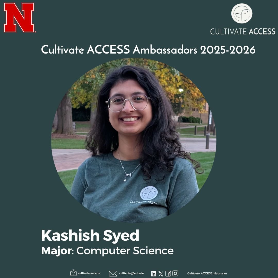CultivateUNL's tweet image. Meet our 2025–2026 Cultivate ACCESS Nebraska Ambassador — Kashish Syed!

Kashish Syed is a Computer Science major at the @UNLincoln in  school of @UNLComputing. 

She is from Madhya Pradesh, India, and brings a blend of STEM excellence and high school mentoring experience.