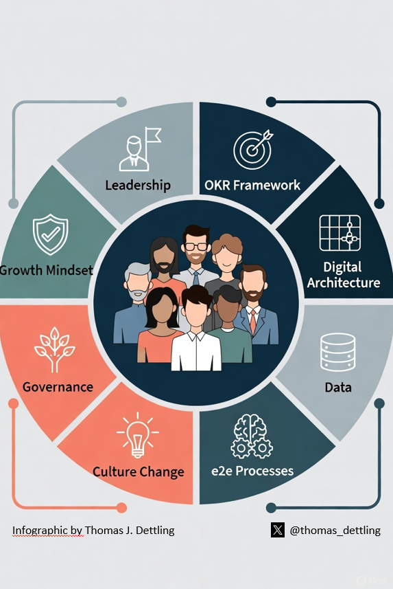 thomas_dettling's tweet photo. ⬛️ Digital Transformation -  
How Managers Need to Think About It

🔷 Introduction:
Digital transformation is not a tech upgrade; it’s a new framework for value creation: strategy, processes, data flows, and culture are simultaneously and iteratively recalibrated. Reducing it to tools misses the point - and increases the risk of failure. Studies show: fewer than one-third of all transformations achieve their intended outcomes; for digital initiatives, success rates are often even lower [1]. The reason? Not technology, but leadership gaps, siloed thinking, and failure to translate strategy into behavior.

Why Managers Fail
Outstanding technical specialists become leaders - often without preparation for managing data and AI, leading people and change in the digital age, and solving complex problems in transformations. The result: overwhelm and transactional optimization in silos, even though the task is truly transformational: creating meaning, breaking down boundaries, and opening learning spaces. This is where success or failure is determined.

🔶 Understand Transformation
Managers must understand transformation as a continuous learning and management process  - not as a time-bound project [2]. Three principles are key:
🔸 Ambidexterity: Run the core business efficiently (exploitation) while simultaneously exploring new digital opportunities (exploration) [3].
🔸 Data Architecture: Seamless data flows, shared semantics, and transparency as a “single source of truth” - only then can automation, analytics, and AI scale [4].
🔸 Culture & Structure: Shift from hierarchical-linear to networked, cross-functional organizational forms with clear governance [5].

🔶 OKRs as the Bridge Between Strategy and Execution
Here lies the key: Objectives and Key Results (OKRs) are not an end in themselves but a framework that operationalizes transformation. Why?
🔸 Objectives provide meaning and direction: “What do we want to achieve?”
🔸 Key Results create measurability: “How will we know we’ve succeeded?”
OKRs prevent the typical trap of digitalization romanticism (“We’ll become digital”) and force hard prioritization.

➡️ Success factors for OKRs in transformation:
Ambition + Realism: Objectives must inspire, but Key Results must be quantifiable (e.g., “Reduce process cycle time by 30%”).
🔸 Transparency: OKRs are public - they break down silos and foster alignment.
🔸 Adaptability: Quarterly reviews to integrate learning loops.
🔸 Data Integration: Key Results based on real-time metrics from the digital platform.

➡️ OKRs and digital transformation share a principle: focus, alignment, measurability. Leading transformation without OKRs risks “busy digital work” without impact.

🔶 The Manager’s Contribution
🔸 Vision & Purpose: Link digitalization to business strategy; technology serves value creation, not itself.
🔸 Lead People: Establish psychological safety, learning culture, and clear communication.
🔸 Live Ambidexterity: Balance resources between optimization and exploration.
🔸 Data Competence & Transparency: Metrics and dashboards as shared reality.
🔸 AI Readiness: Enable teams to use AI responsibly - and rethink work processes.
🔸 The AI era has begun and change is not episodic but permanent. Classic change models fall short; adaptive, data-driven steering with continuous feedback is needed. Leadership shifts from efficiency to resilience and learning capability. Those who keep optimizing transactionally in silos create local improvements - but systemic failure.

🔶 Redesigning Work, Workplace, and Work Culture
Transformation demands new work practices: interdisciplinary teams, product/platform logic, agile governance, distributed responsibility, and “human-in-the-loop” AI. Managers are architects of this system: they create contexts where technology delivers impact - and people grow beyond themselves.

🔸 Clarity of Purpose: Every digital initiative must contribute to an OKR.
🔸 Measurable Outcomes, Not Output: Transformation is measured by value levers (cost, revenue, customer experience).
🔸 Transparency & Alignment: OKRs break silos; transformation needs data sharing.
🔸 Learning Loops: OKRs and transformation are iterative - hypothesis → experiment → evidence → scaling.
🔸 Leadership as a Lever: Managers must show attitude: courage, role-modeling, empathy.

🔷 Conclusion: Technology is the enabler. OKRs are the metronome. Leadership, data flow, and ambidexterity are the levers. Transformation succeeds when managers take people, data, and structure as seriously as tools - and have the courage to lead at the system level. This is not easy and romanticism. This is tough, responsible leadership in the age of AI 💡

@rwang0 @Khulood_Almani @mikeflache @HelenBevan @MaryRich78  @pierrecappelli @jenstirrup @GlenGilmore @DG_Collective @pierrecappelli @tinapchopra @PhilippKnauer2 @DrHolzwarth @sijlalhussain @subare @JimHarris @SusanneMadsen @timo_vi @kerstingAIML @sallyeaves @CynthiaLIVE @enilev @mcgrathmag @HaroldSinnott @Scobleizer @AndrewYNg @YuHelenYu @ipfconline1 @jblefevre60 @antgrasso  @RagusoSergio @SabineVdL @kalydeoo @Der_BDI @digital_T_CH @drsharwood @Nicochan33 @AngelaNoonUK @JoanBajorek @mitsmr @wef @havardbiz @Gartner_inc @Deloitte @McKinsey @SwissCognitive @AIVentures_aus @IDEOU ✨

#DigitalTransformation #Leadership #People #Data #AI #Empathy #Strategy #OKR #Vision #Success

Sources:
[1] McKinsey, 2018: Unlocking success in digital transformations.
[2] Rakovic et al., 2023: The role of leadership in managing digital transformation.
[3] Deloitte, 2018: Ambidextrous leadership and the CEO.
[4] IMD, 2023: Navigating the data-driven landscape.
[5] Deloitte, 2022: How to lead digital transformation.
[6] MIT Sloan, 2025: Why AI Demands a New Breed of Leaders.