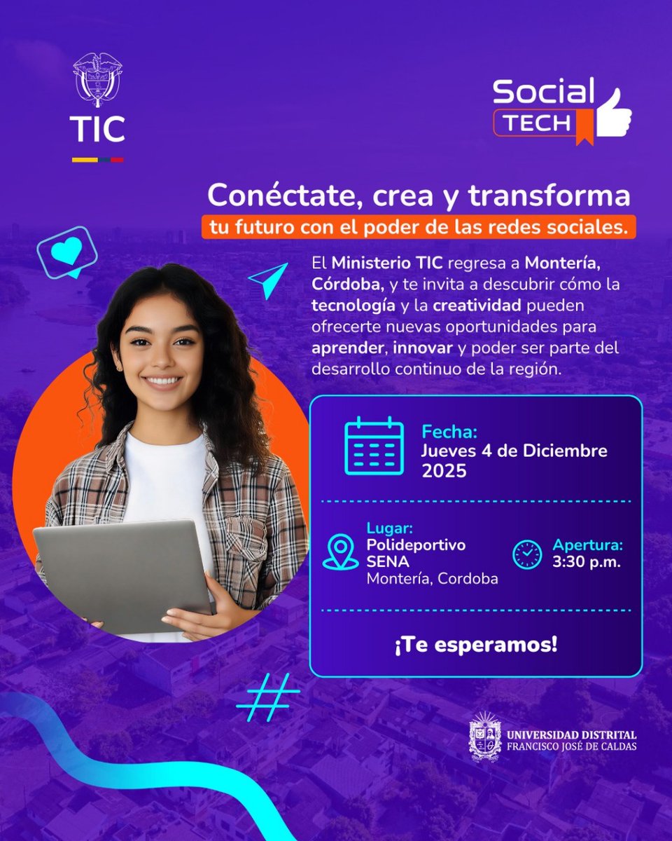 TalentoDigCol's tweet image. 🚀 ¡#SocialTECH llega a Montería!
Aprende a emprender y monetizar con tus redes, impulsa tus ideas y conéctate con el futuro digital. 🌐

📅 4 de dic
📍 Polideportivo SENA – 3:30 p.m.

➡️ Inscríbete gratis:
 forms.zohopublic.com/admsocialtechg…
