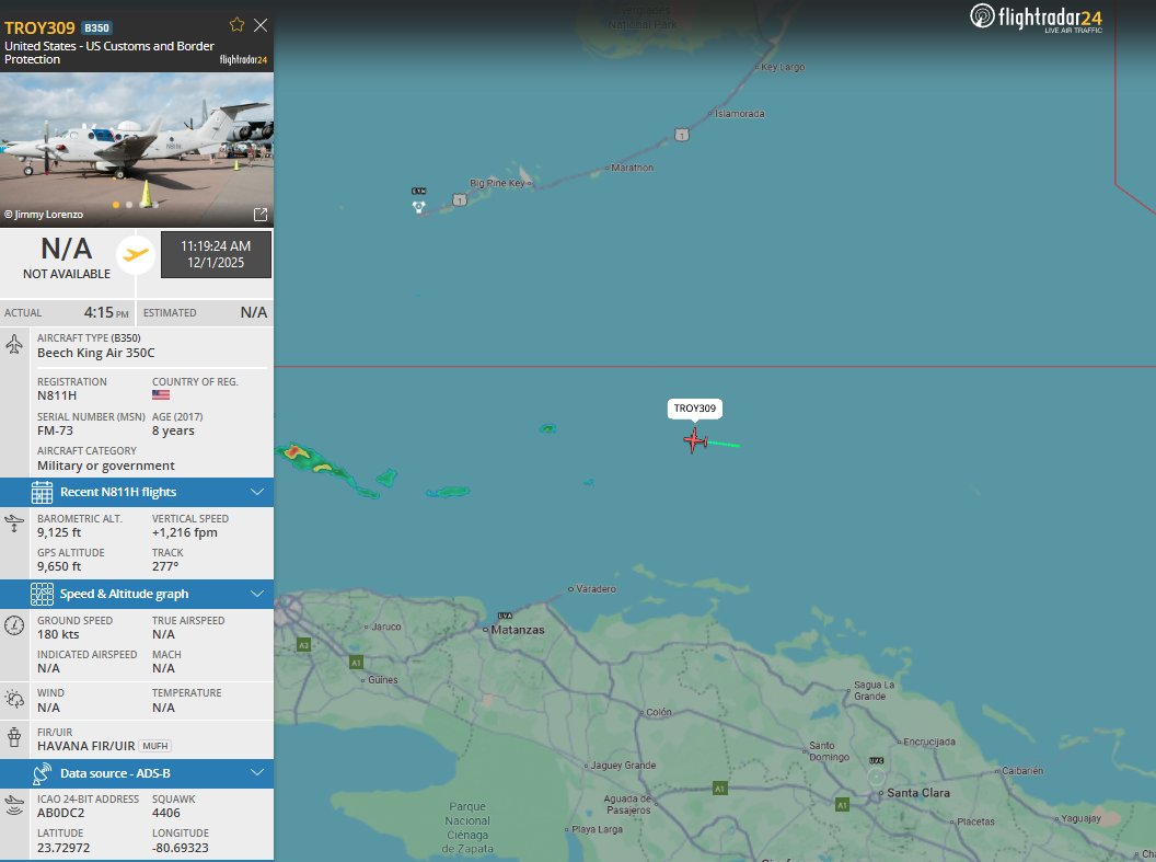 FlconEYES's tweet photo. #USHS Department Of Homeland Security
TROY309 | N811H | AB0DC2 | https://t.co/divF0trts0
Servicio de vigilancia activo dentro del FIR Habana, sobre aguas internacionales.
#Now #ADSB #cuavion #Cuba #1Dec
@Borrowed7Time @sipjack1776 https://t.co/RNNYGxa7QJ