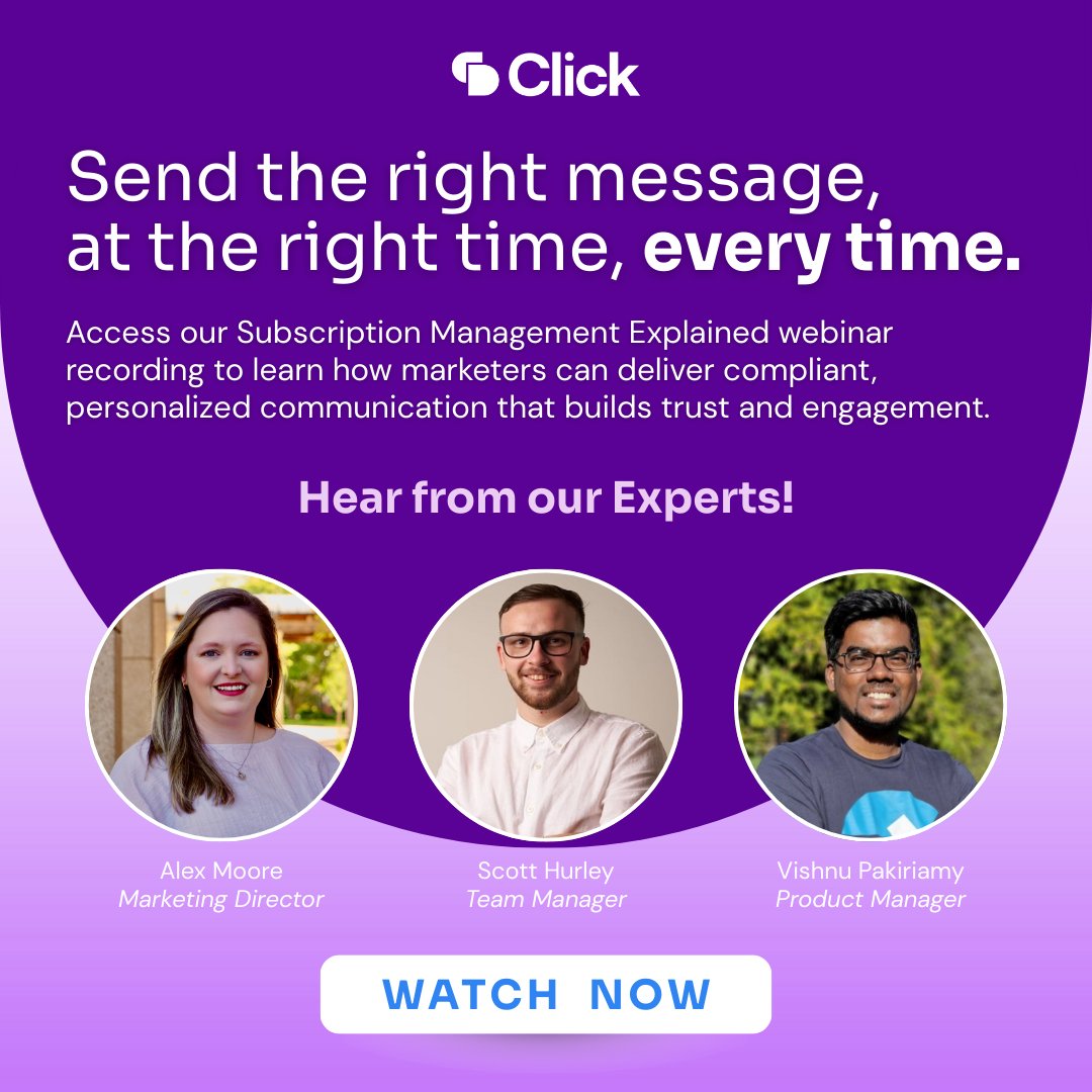 ClickDimensions's tweet image. Watch our on-demand Subscription Management Explained webinar, where experts share actionable tips on timing, content, and automation to maximize your impact.

okt.to/3GgHVM

#MarketingAutomation #SubscriptionManagement #Personalisation #WebinarReplay #B2BMarketing