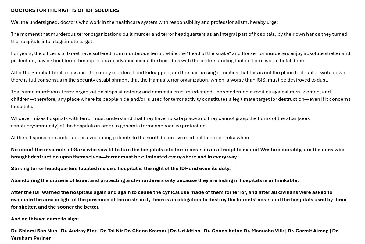 Did you know that in November 2023, around 100 Israeli ‘Doctors’ signed a document encouraging bombing Gaza’s hospitals?

Did people forget about it?