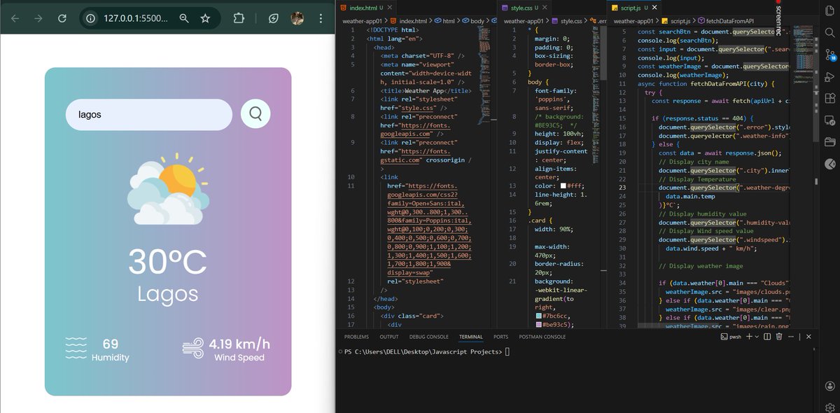 DearFola's tweet image. Day 1 of 30 Days of Code 

Built a Weather App today using HTML, CSS &amp;amp; JavaScript.
Goal for this challenge: rebuild my fundamentals, improve logic, and code everything myself,  no AI shortcuts.
29 days to go 

#30DaysOfCode #JavaScript #FrontendDev #BuildInPublic
