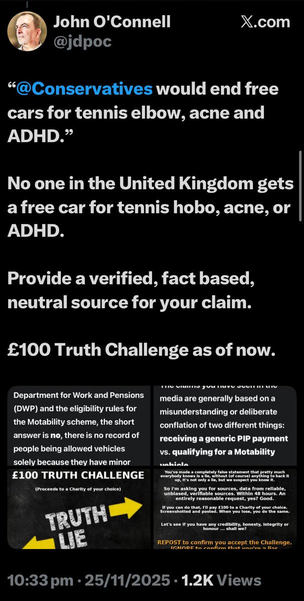 jdpoc's tweet image. A Tory MP lied about &apos;free cars for the disabled&apos; on Motability.

@Helen_Whately.

I challenged her to provide data to back up her argument (lies) and she was unable to do so.

By the terms of the Challenge she owes £100 to Charity. And she&apos;s already overdue.