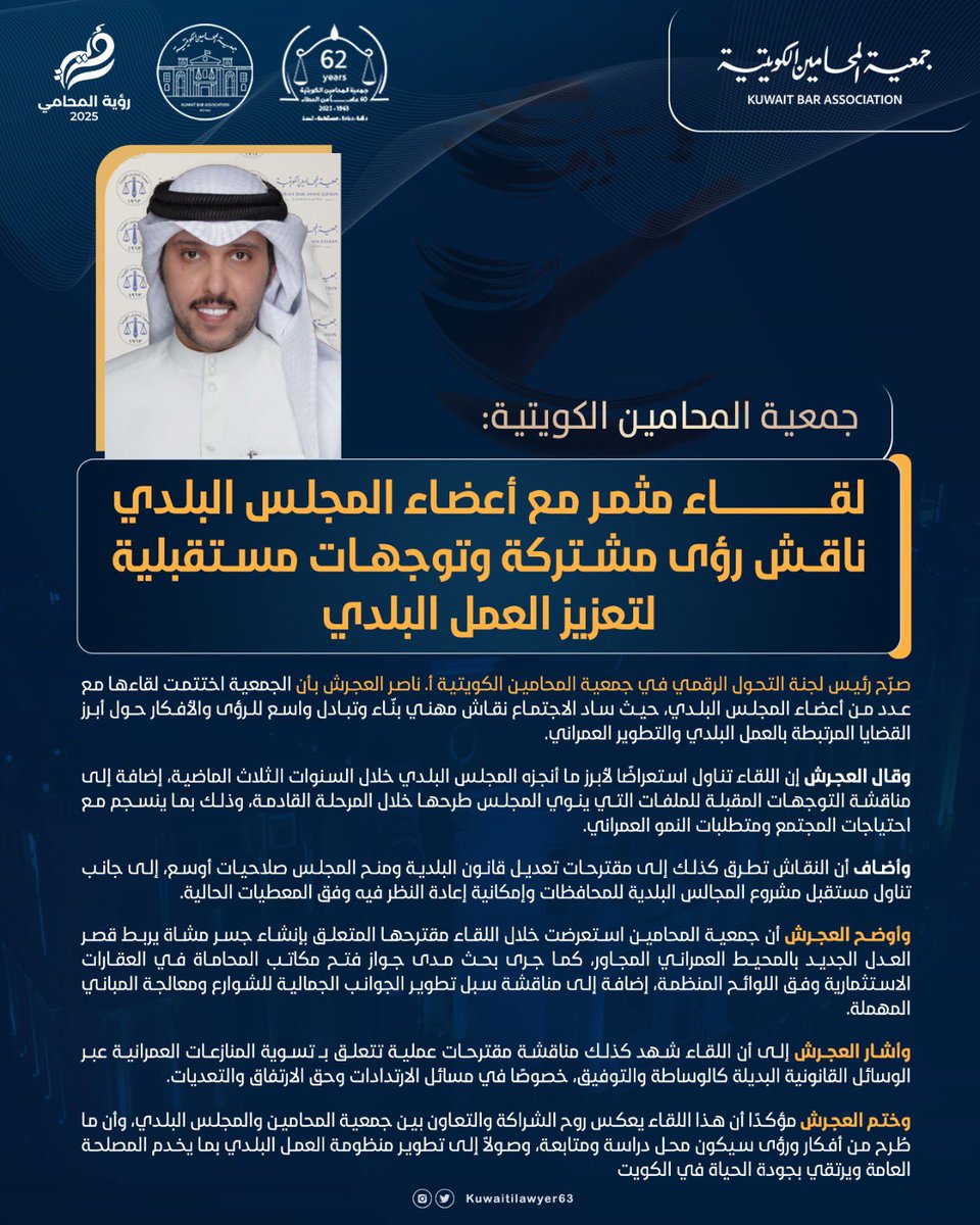 رئيس لجنة التحول الرقمي في جمعية المحامين الكويتية أ.ناصر العجرش: الجمعية اختتمت لقاءها مع عدد من أعضاء المجلس البلدي, حيث ساد الاجتماع نقاش مهني بناء وتبادل واسع للرؤى والأفكار حول أبرز القضايا المرتبطة بالعمل البلدي والتطوير العمراني، كما استعراض اللقاء أبرز ما أنجزه المجلس
