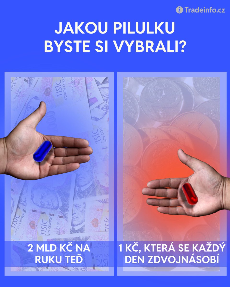 Tradeinfocz's tweet image. Máme pro vás matrixovou volbu trochu jinak... 💊 Jedna možnost láká na okamžitý balík, druhá ukazuje sílu exponenciálního růstu. 📈🧠

Kterou pilulku berete? Napište do komentáře! 👇

#Tradeinfo #Matrix #Investice #Anketa